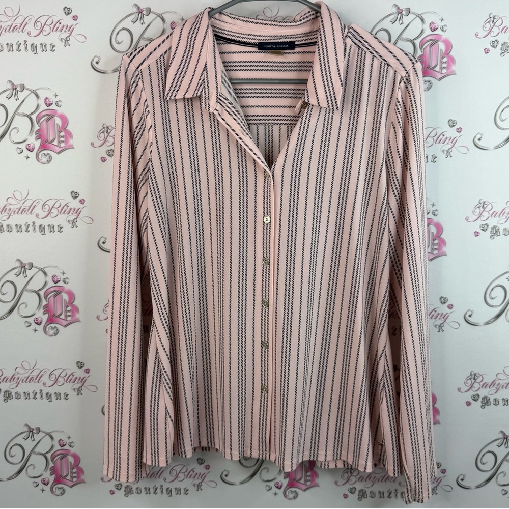 Tommy Hilfiger button up stripes Pink and Black navy Striped Button-Down Shirt